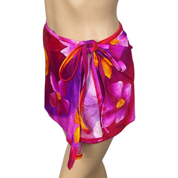 Vtg 80s Red Pink Tropical Floral Beach Swim Wrap Mini Skirt One Size - Picture 2 of 6